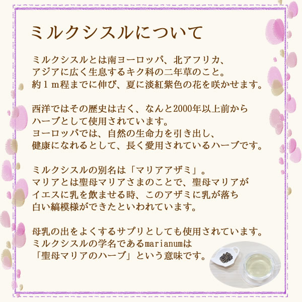 ミルクシスル 100g ホール 送料無料 農薬検査済 みるくしする マリアアザミ シード 種子 ハーブティー ティーパック ティーバック 茶 ノンカフェイン 生薬 漢方 ヴィーナース 公式 ハーブ 専門店 Venurse ヴィーナース 販売 通販 サイト